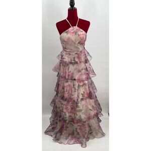 SPEECHLESS SZ 5 juniors pink grey Floral Tiered Halter Party Maxi Dress NWT B79